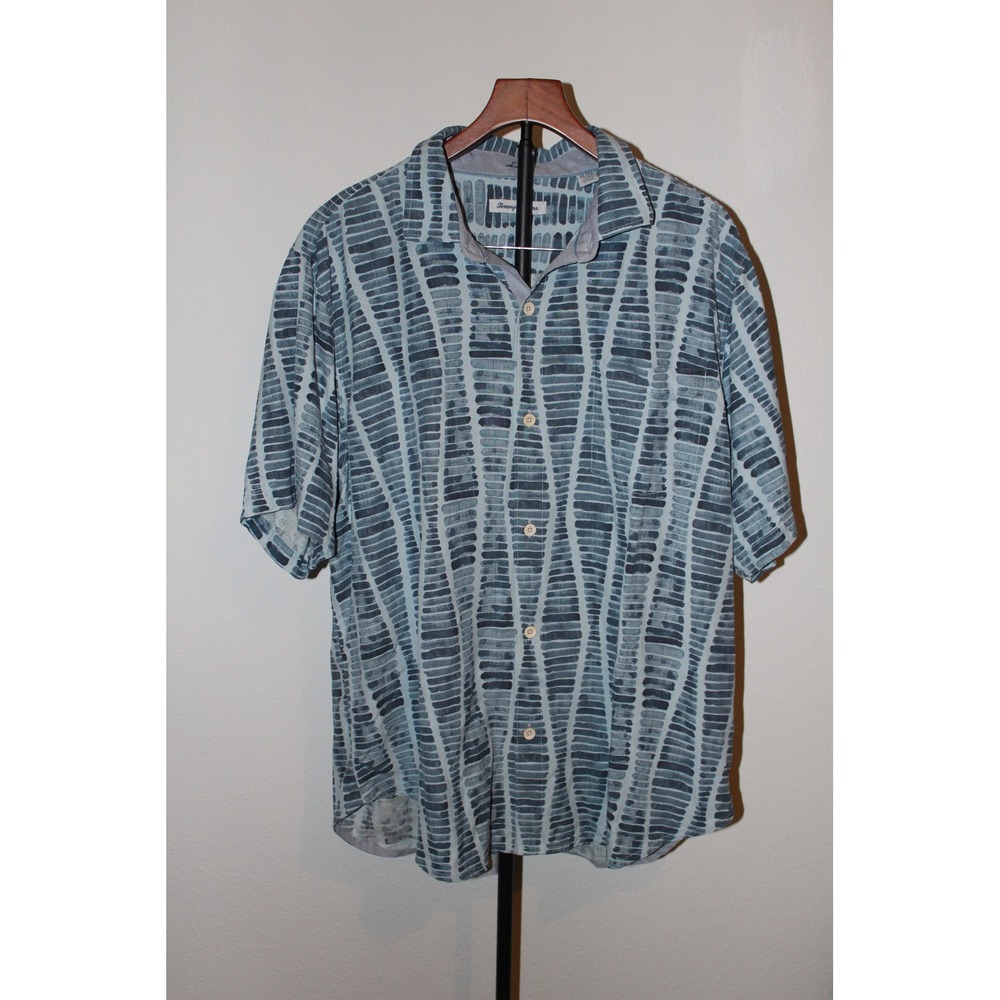 Tommy Bahama Men XL 100% Silk Short Sleeve Button Down Shirt Blue Abstract Print